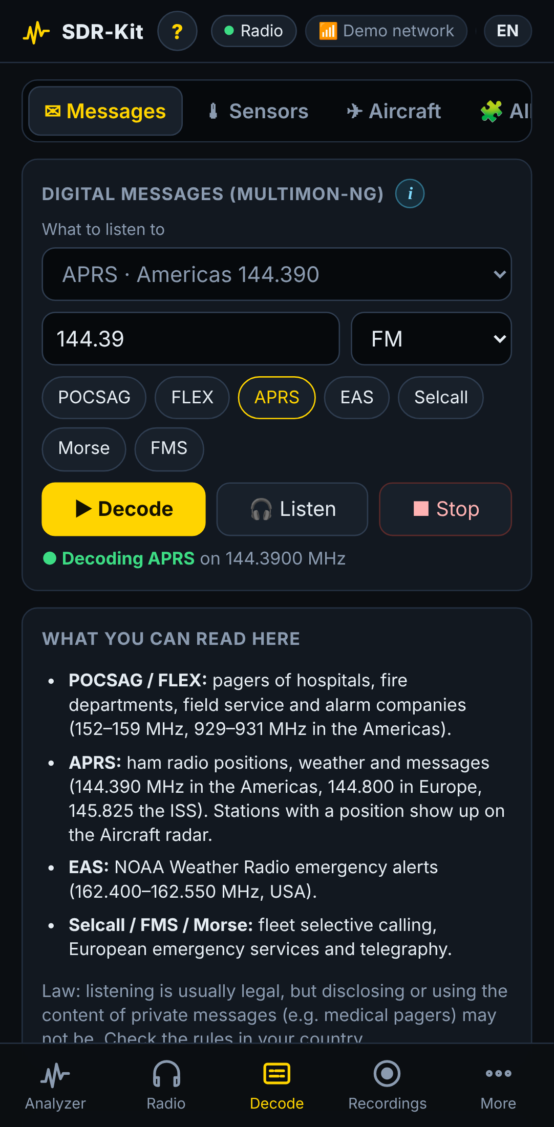 Decoded pager and APRS messages