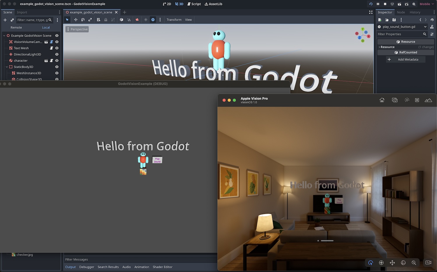 Screenshot showing Godot project running in the visionOS Simulator