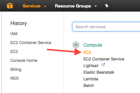 Services menu going to EC2
