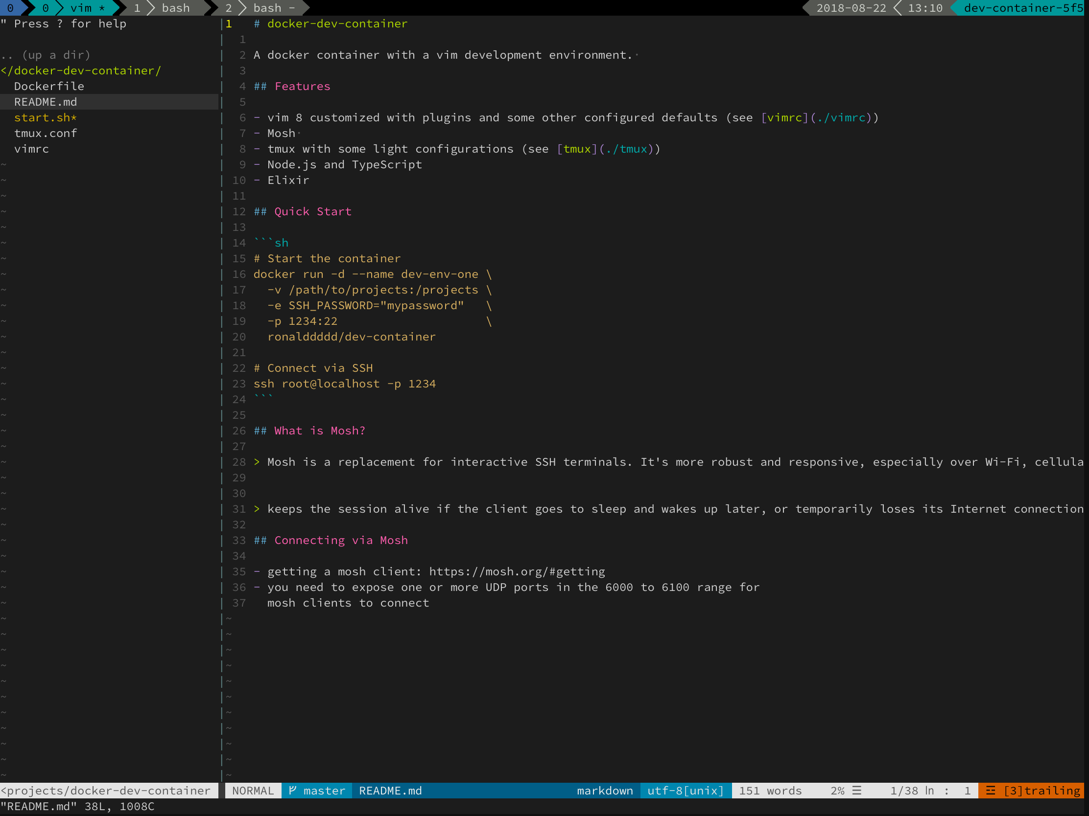 Screenshot of vim running in a tmux session