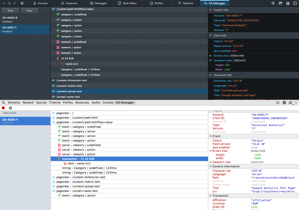 Google Analytics Debugger in Chrome (above) and Firefox (below)