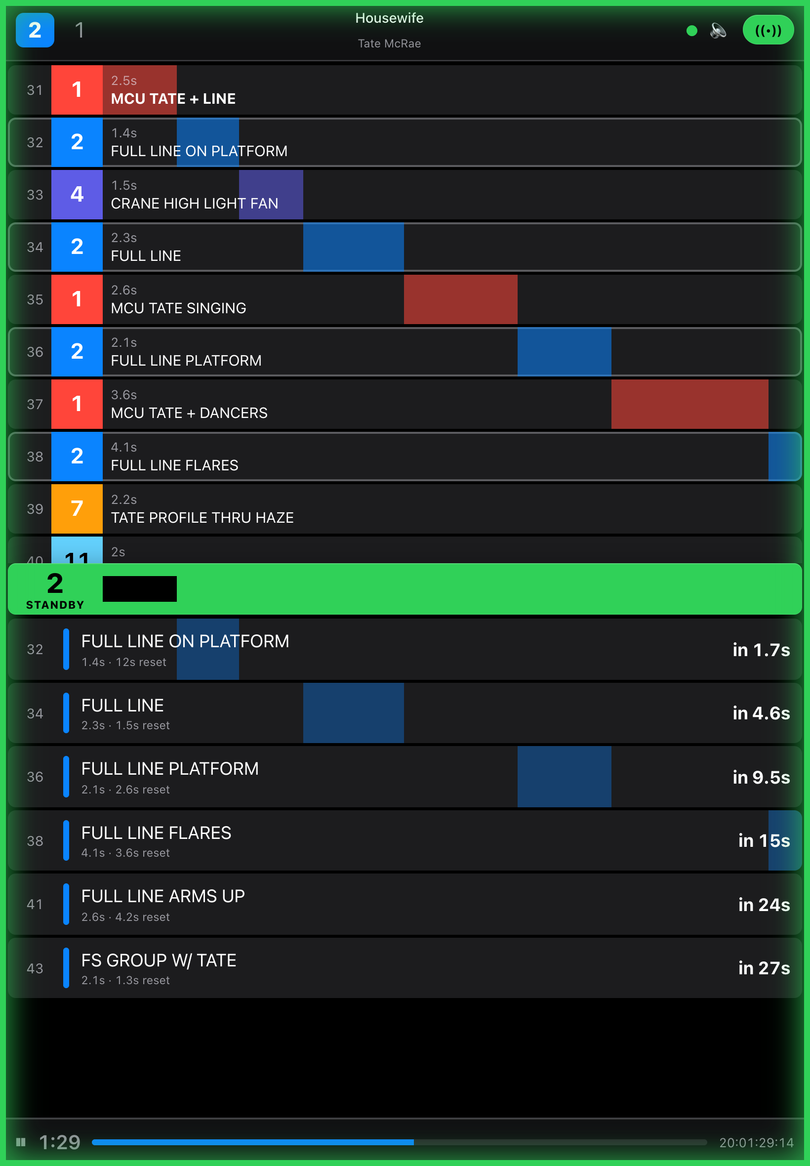 Camera operator view on a tablet, camera 2 on standby