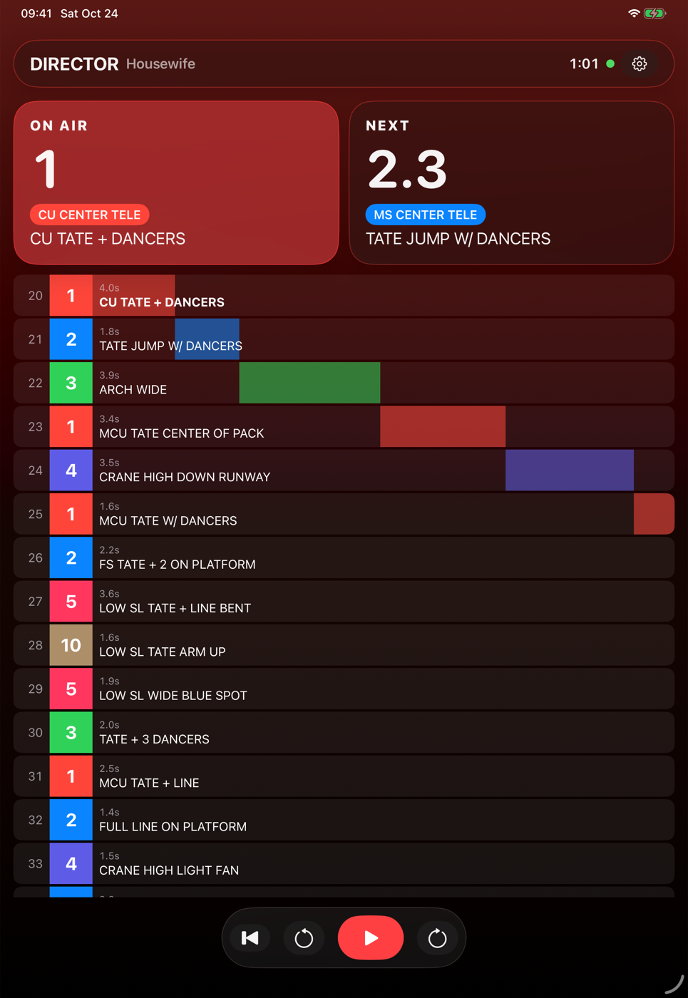 iPad director remote: on air and next cards, the cut flow and play controls