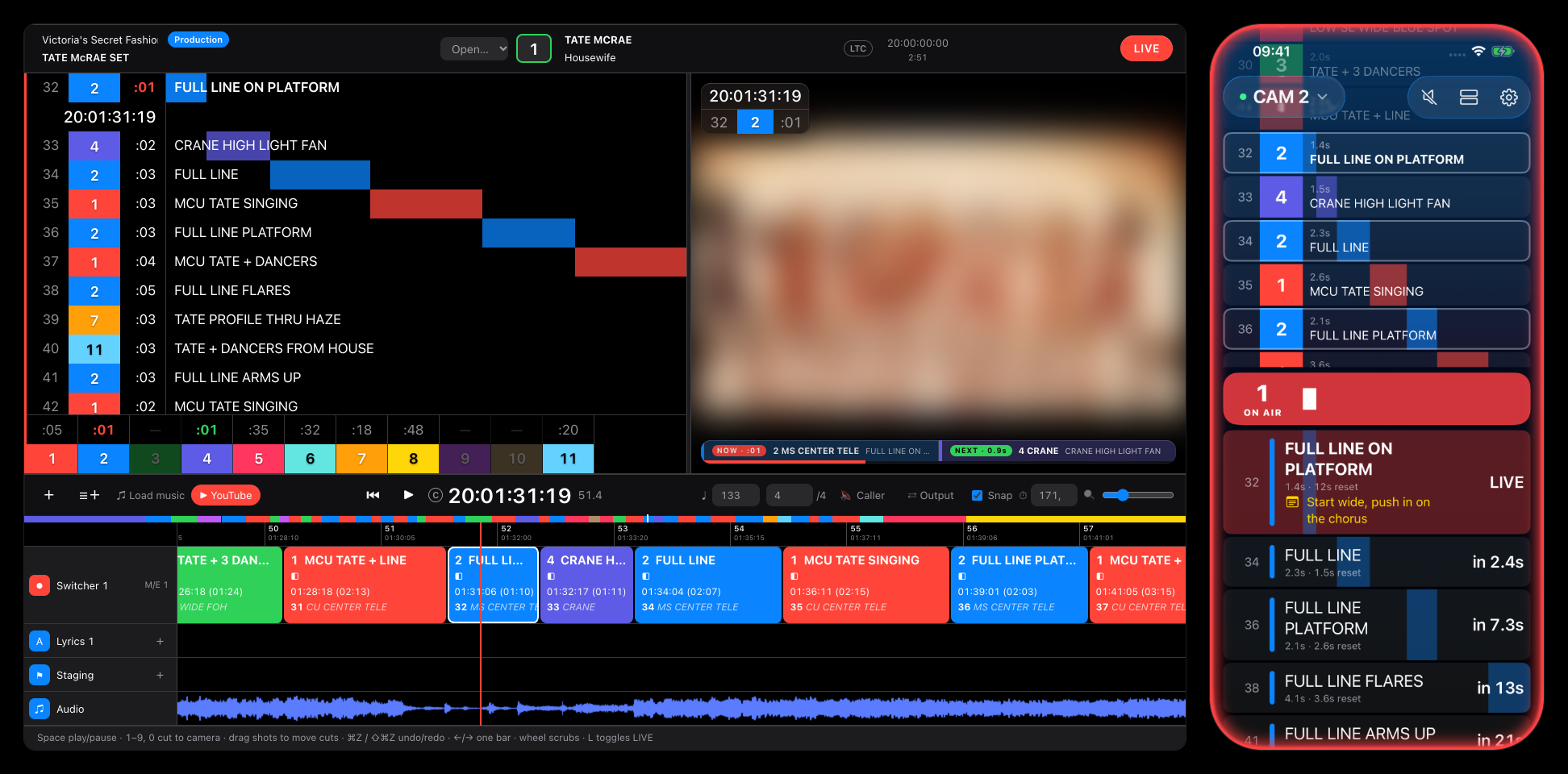 Director LIVE view and the iPhone camera operator app, camera 2 on air