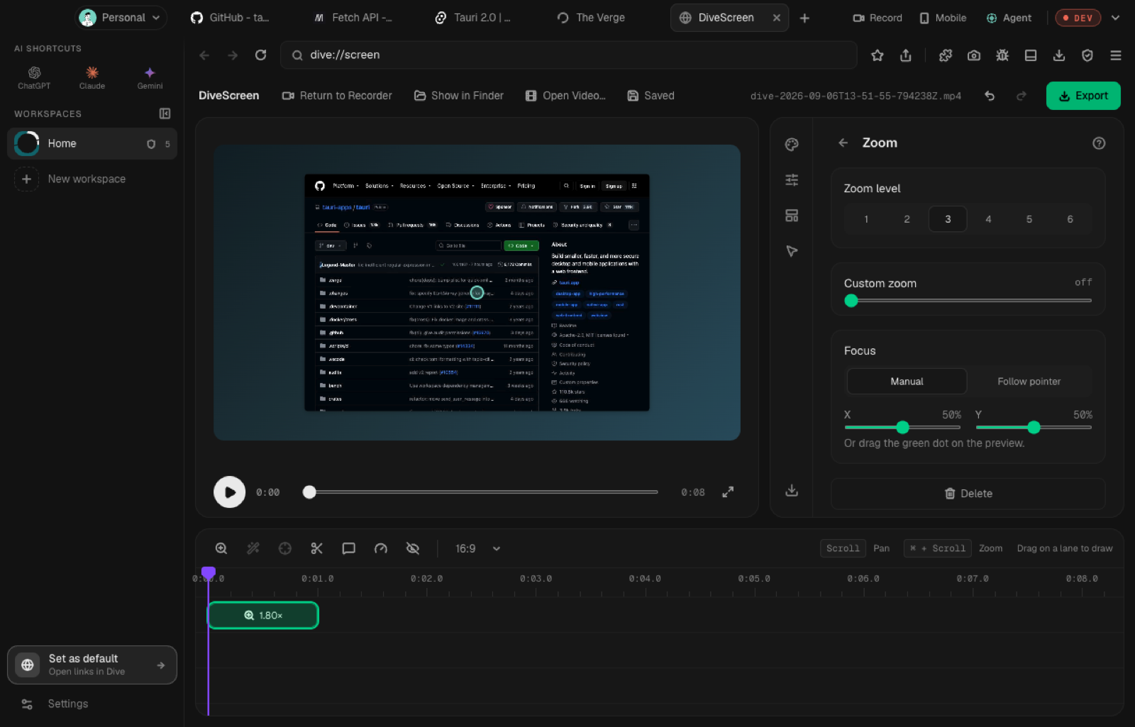 DiveScreen editor with a zoom region on a recording