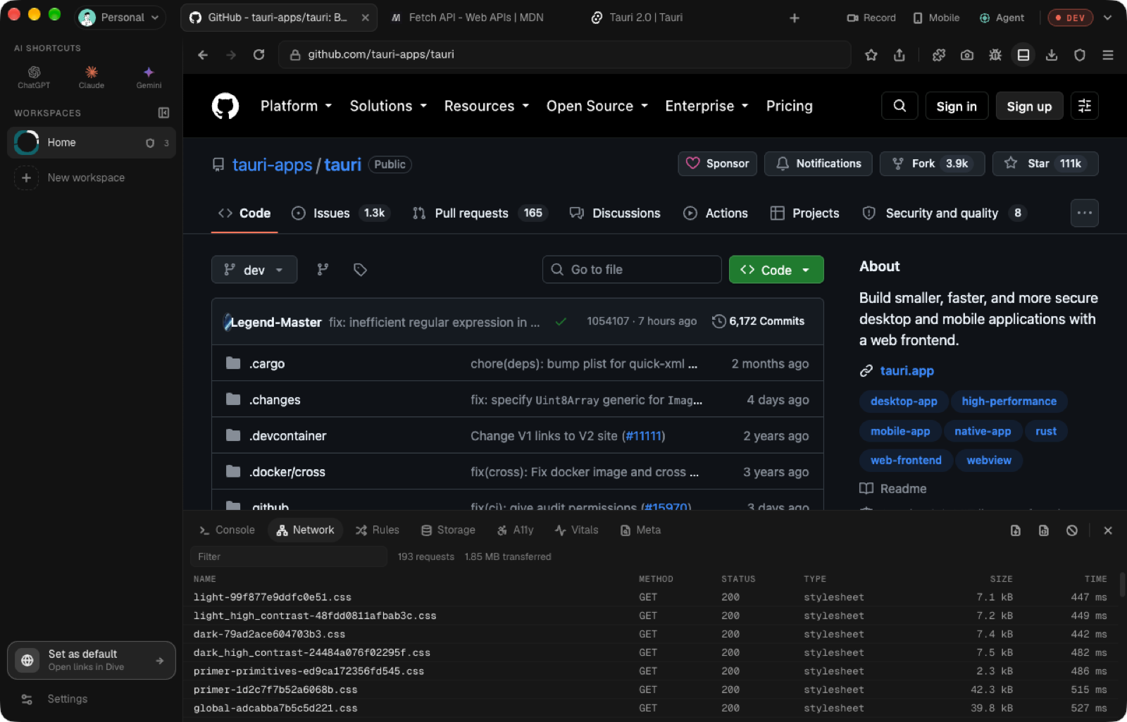 Dive with the Network dock open on a GitHub repository