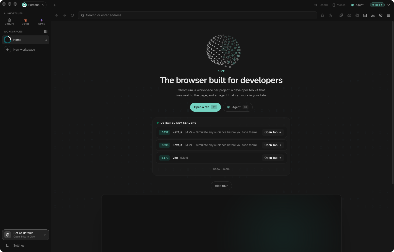 The Dive home page with detected dev servers listed and ready to open