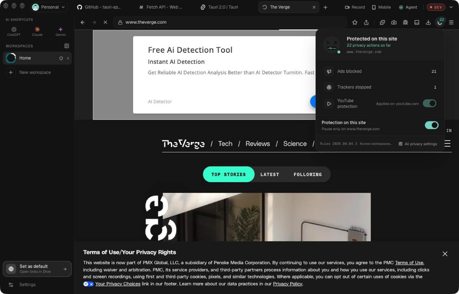 DivePrivacy popover on a news site