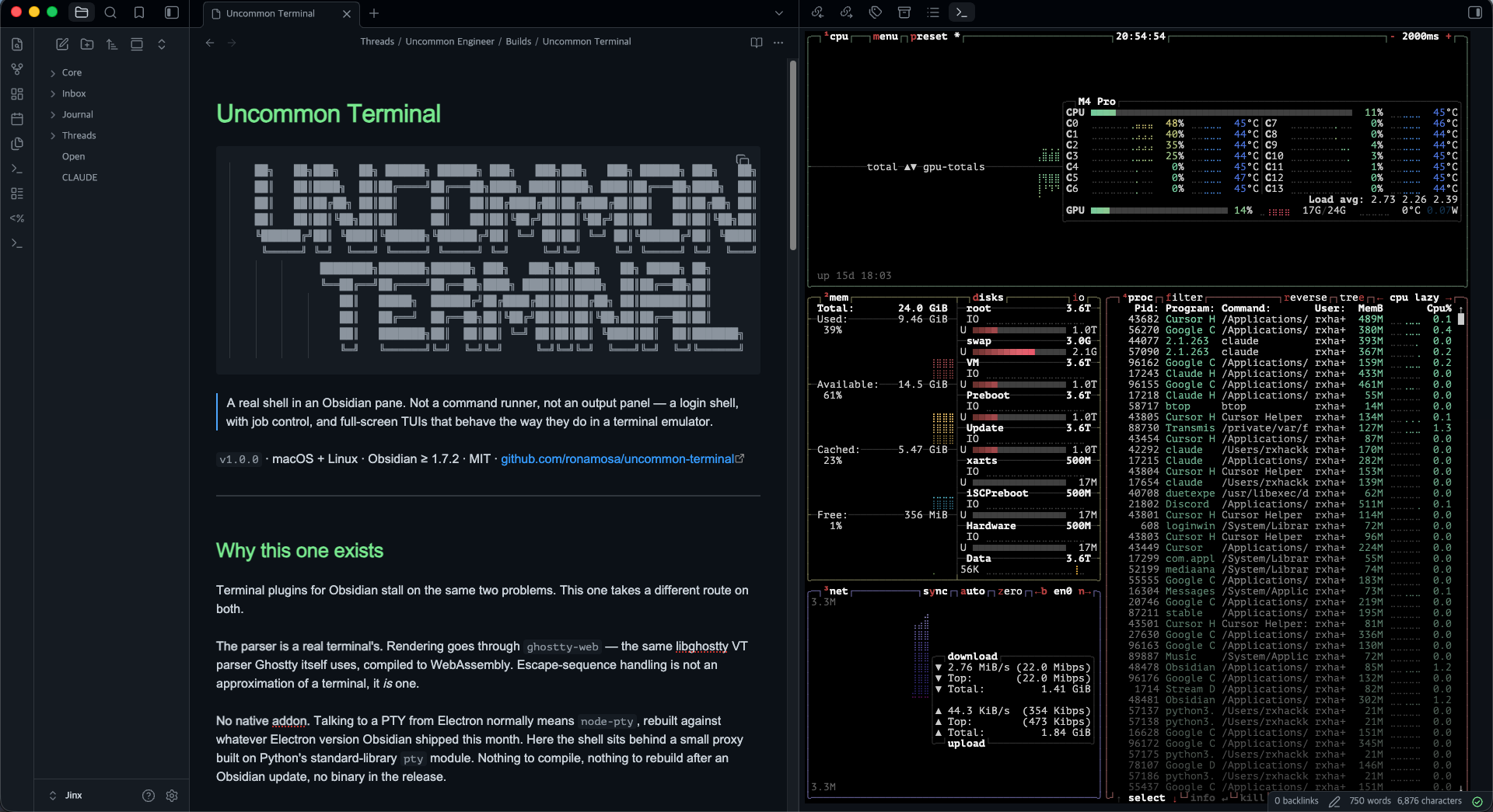 btop running in an Obsidian side pane, beside a note