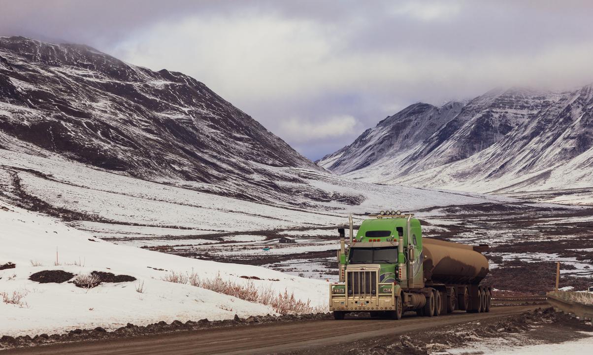 Oversize Truck Climbing Atigun Pass From North Slope