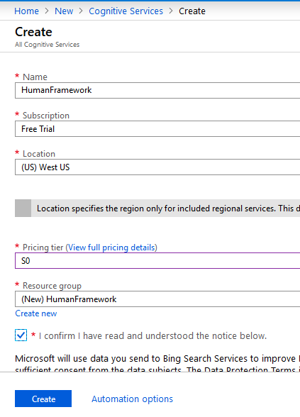 Create cognitive service form