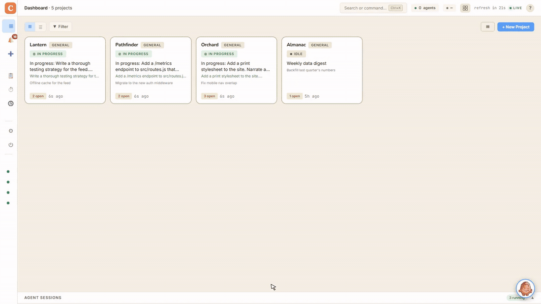 Clayrune — three agents working across three projects, and the same session live on a phone