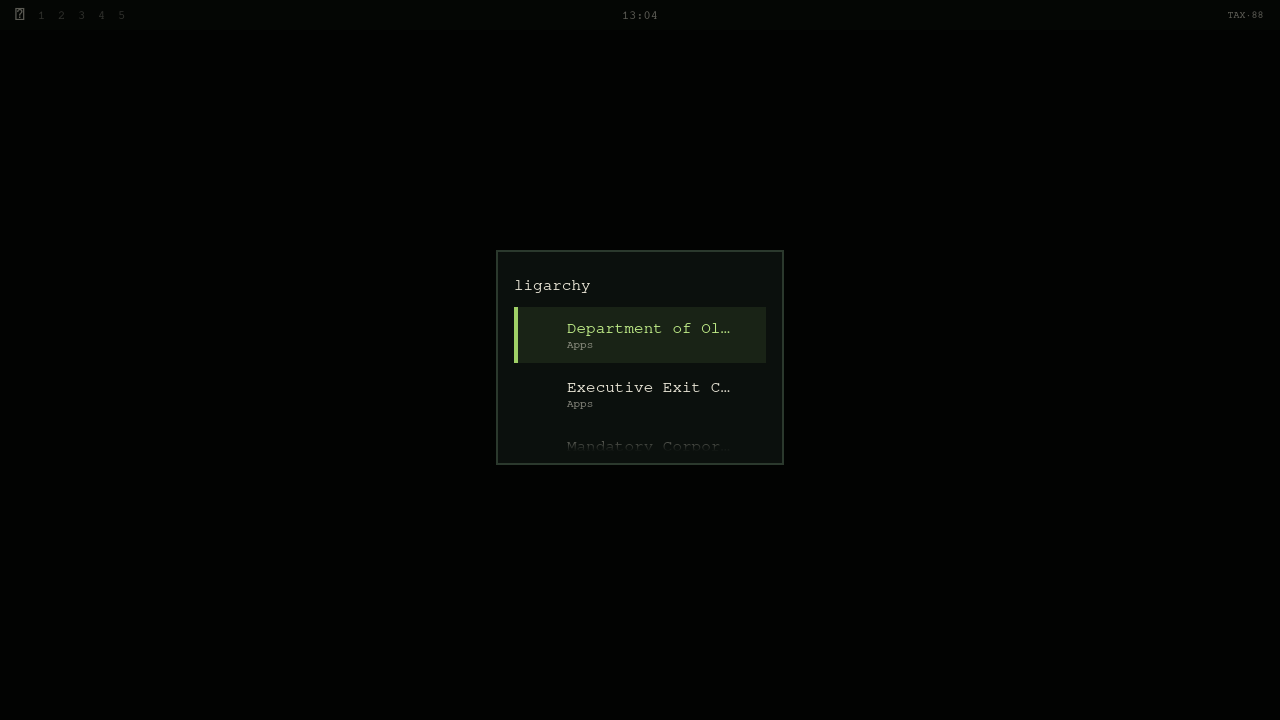 Three OLIGARCHY entries in Omarchy's real Apps menu