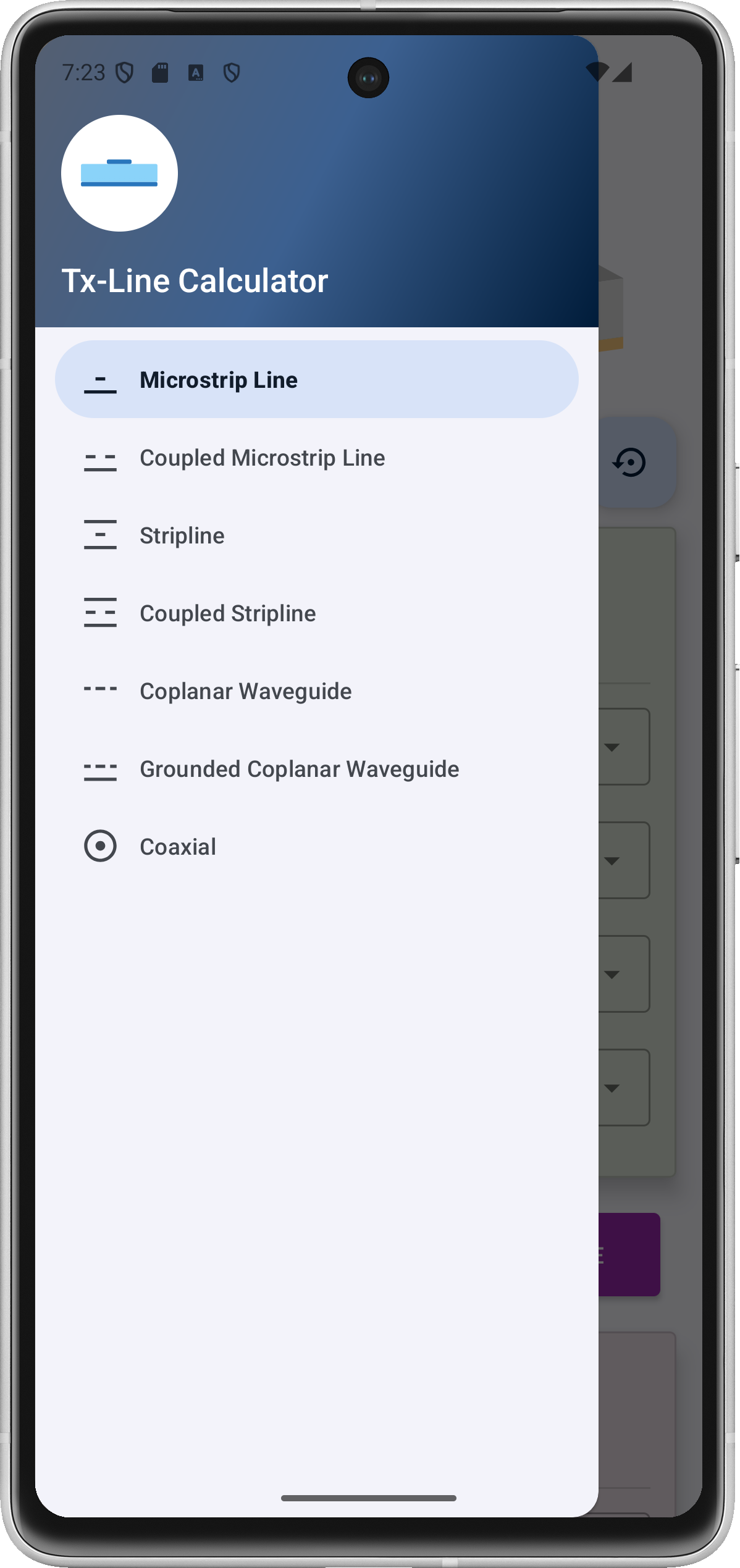 Navigation drawer listing the seven transmission line types