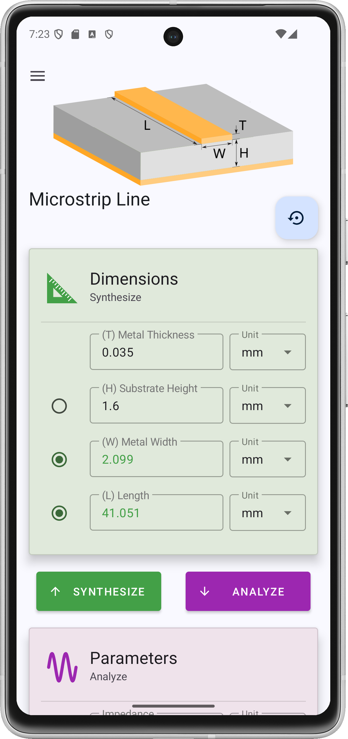 Microstrip line screen with dimensions and synthesize and analyze buttons