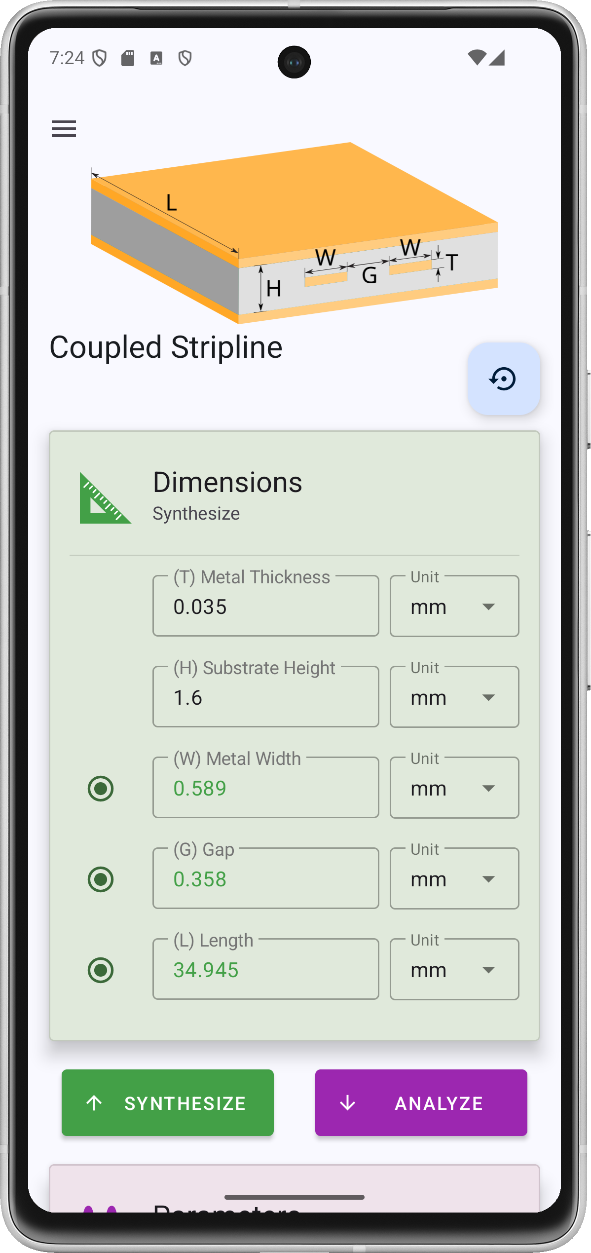 Coupled stripline screen with width, gap, and length