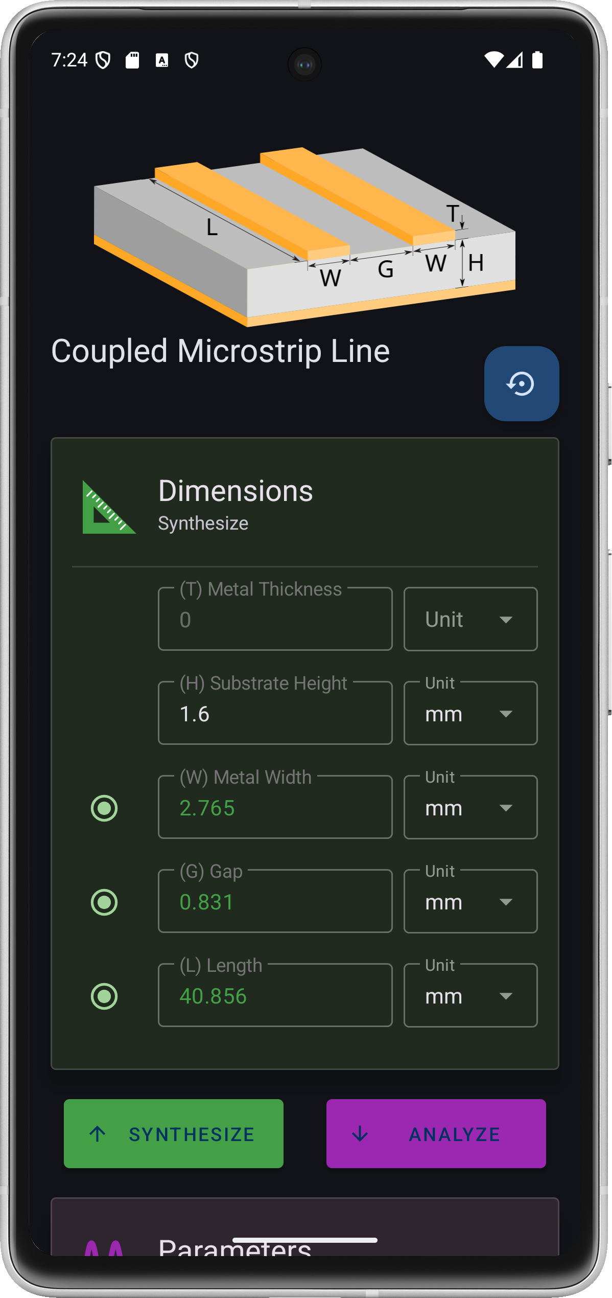 Coupled microstrip line screen in the dark theme