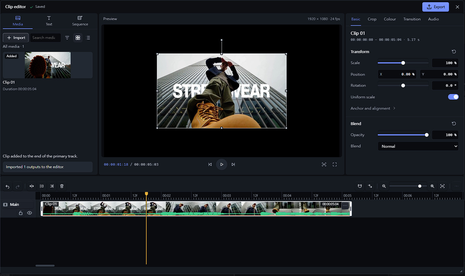 The clip editor with the media bin, preview, inspector and timeline