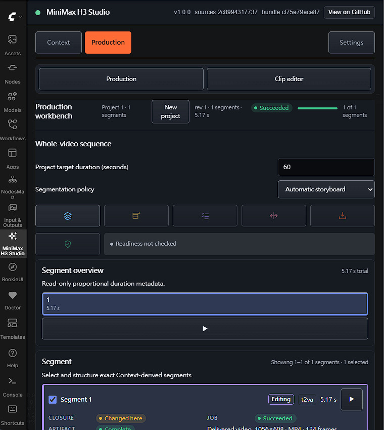 The Production page with the production workbench