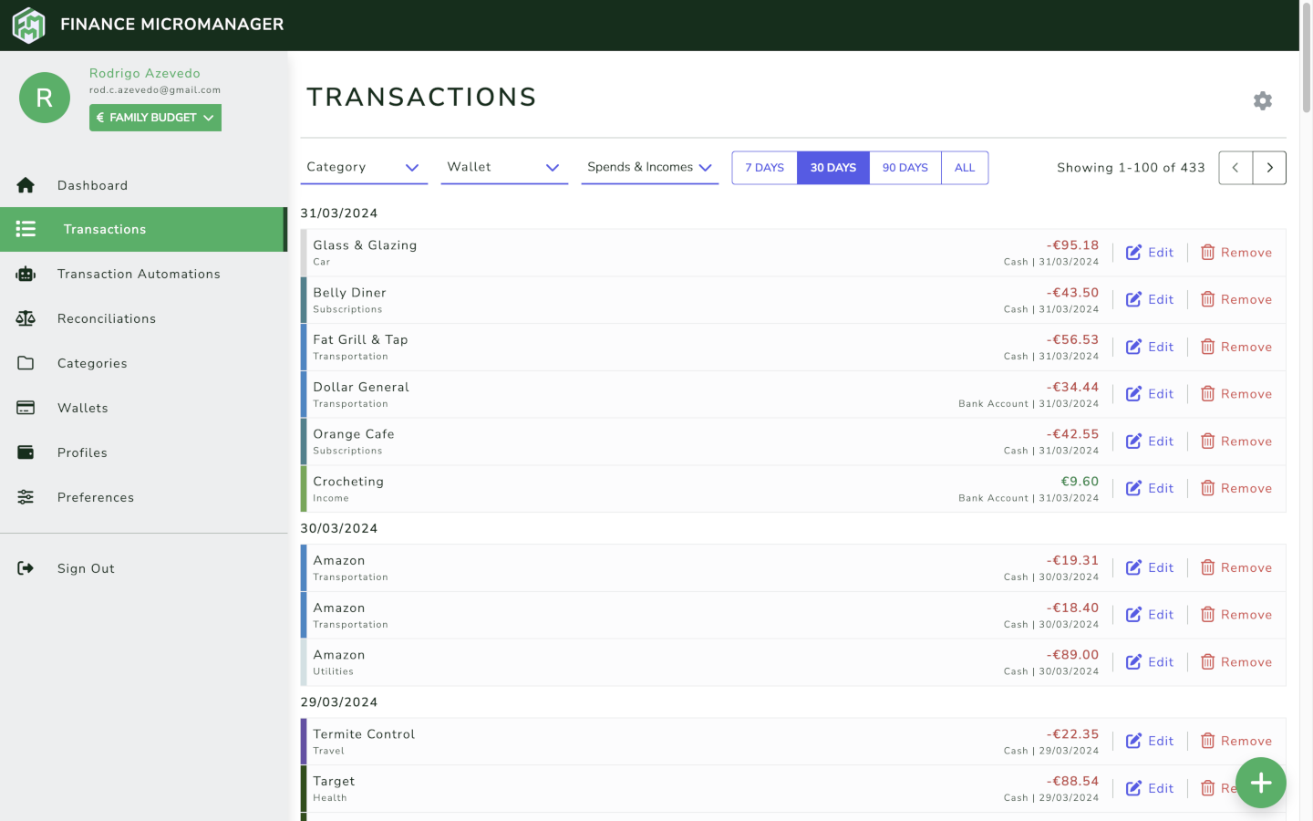 Transactions page