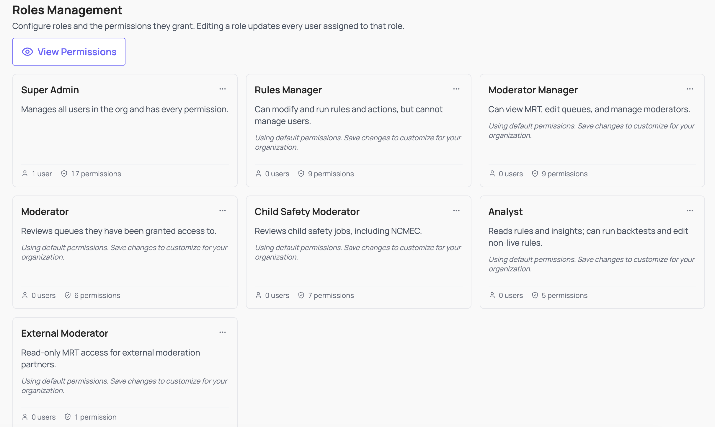 Roles Management 分頁顯示七種預設角色的卡片,以及各角色名稱、說明、使用者數與權限數。