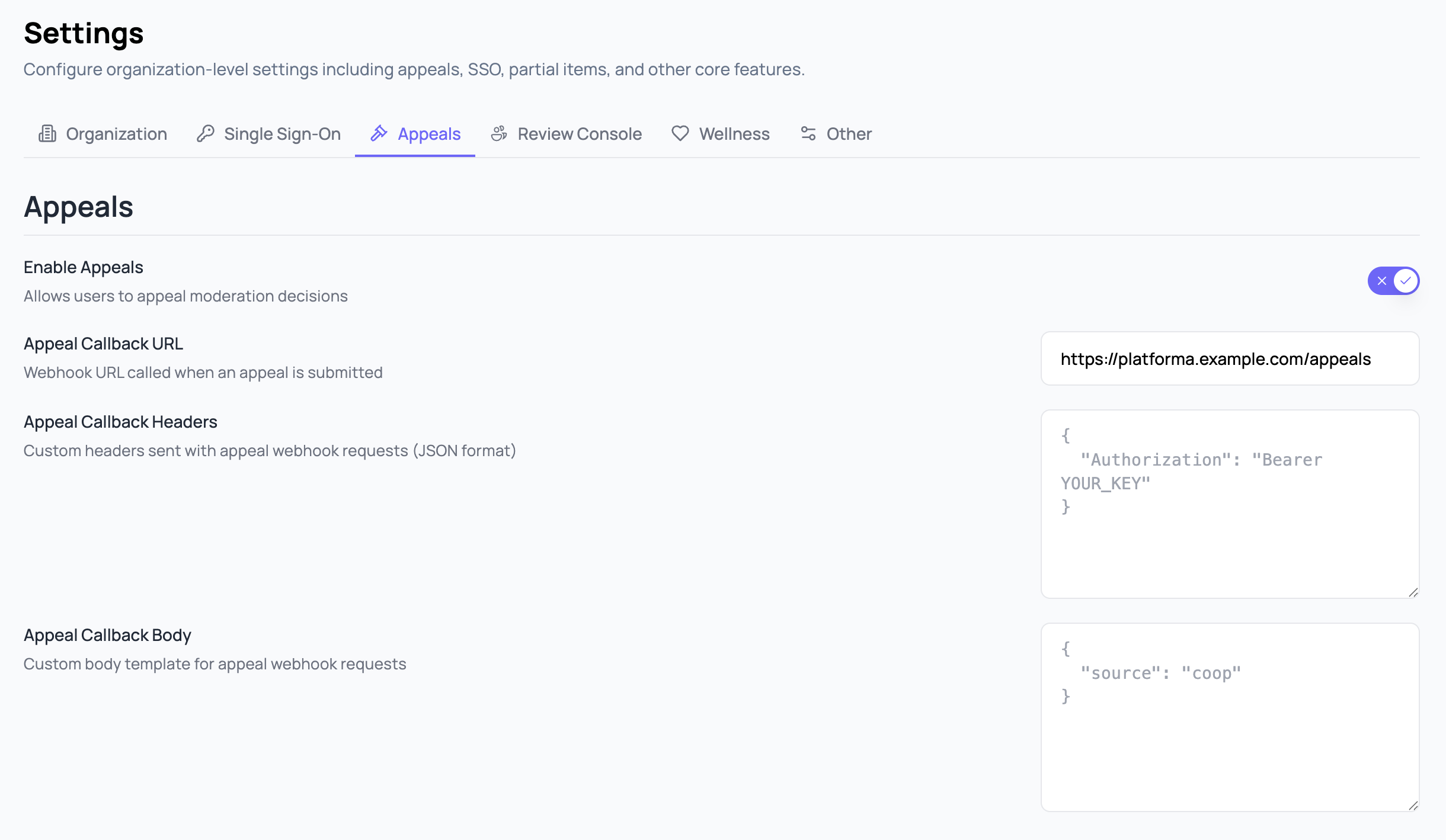 Settings 的 Appeals 分頁,顯示啟用申訴的切換,以及 callback URL、headers 與 body 欄位。
