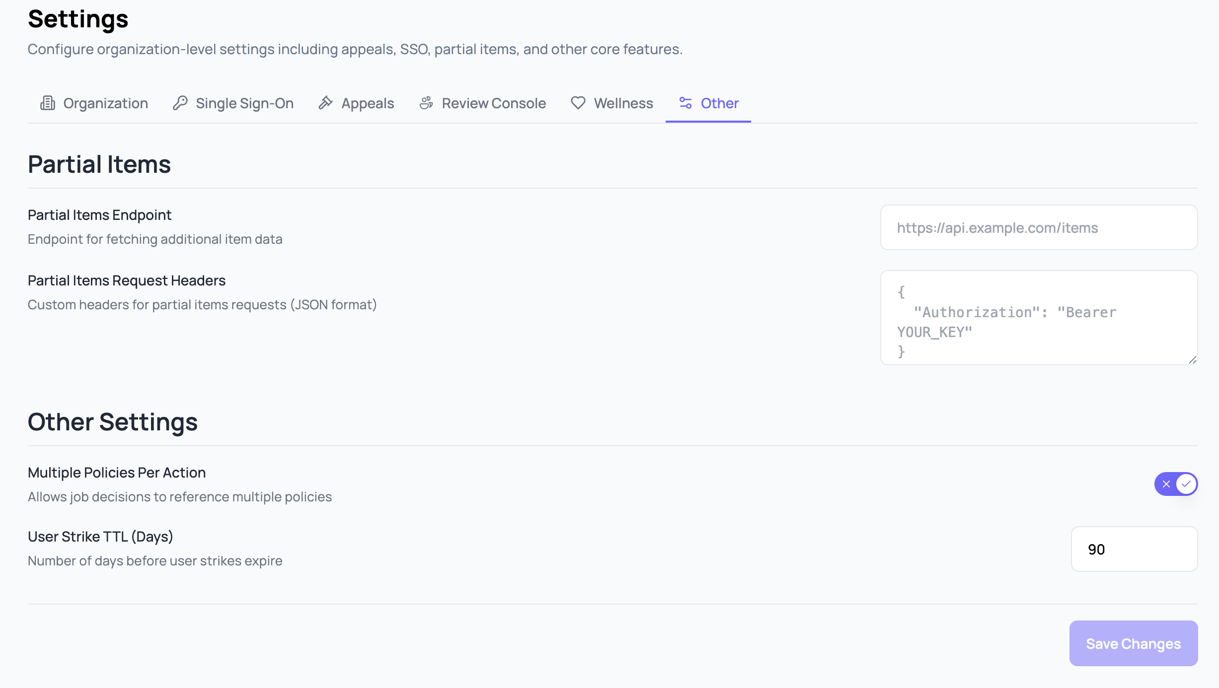 Settings 的 Other 分頁,包含 Partial Items Endpoint、Partial Items Request Headers、Reporting Rules、Multiple Policies Per Action 與 User Strike TTL。
