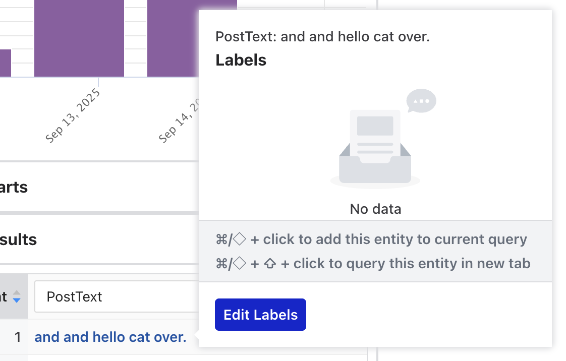 Top N 表格中的 PostText Entity Label 視窗,包含將 Entity 加入查詢的鍵盤提示與 Edit Labels 按鈕