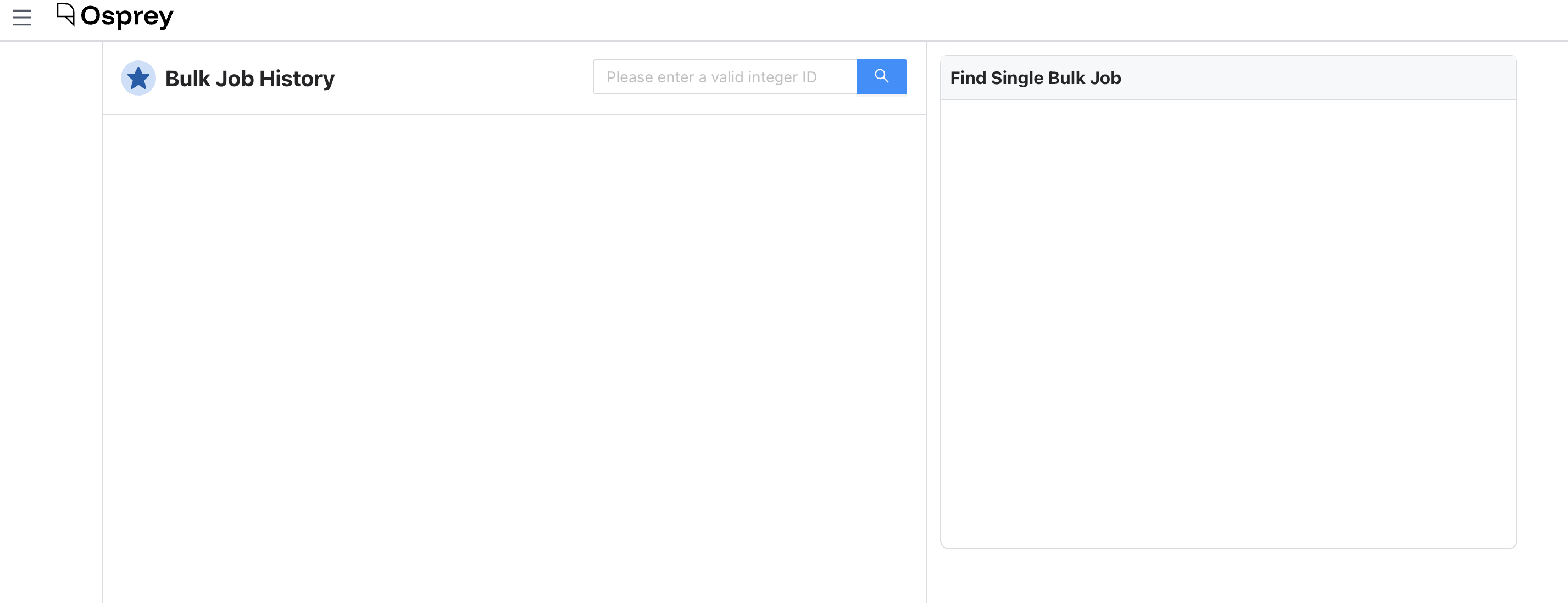 空白的 Bulk Job History 頁面,左側是 task ID 搜尋欄位,右側是 Find Single Bulk Job 面板