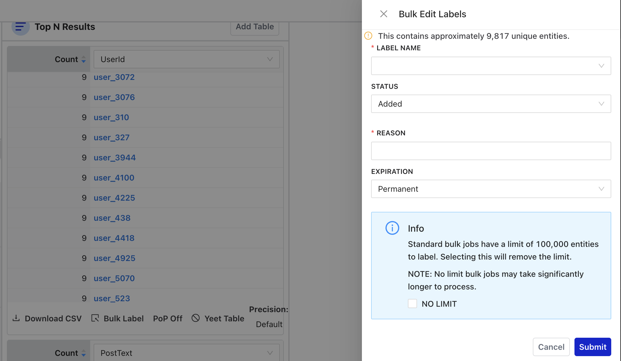 Bulk Edit Labels 表單準備處理約 9,800 個符合查詢條件的 Entities,包含 Label 名稱、狀態、原因與到期時間欄位