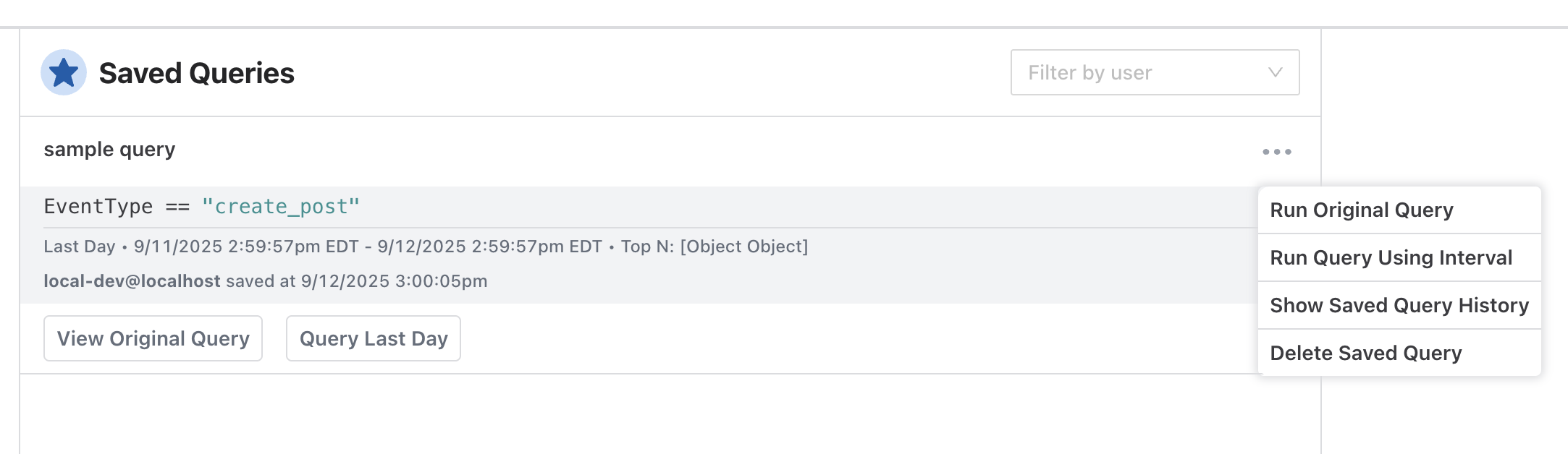 Saved Queries 頁面列出已儲存查詢及其文字與 metadata,並開啟包含 Run Original Query、Run Query Using Interval、Show Saved Query History 與 Delete Saved Query 選項的選單