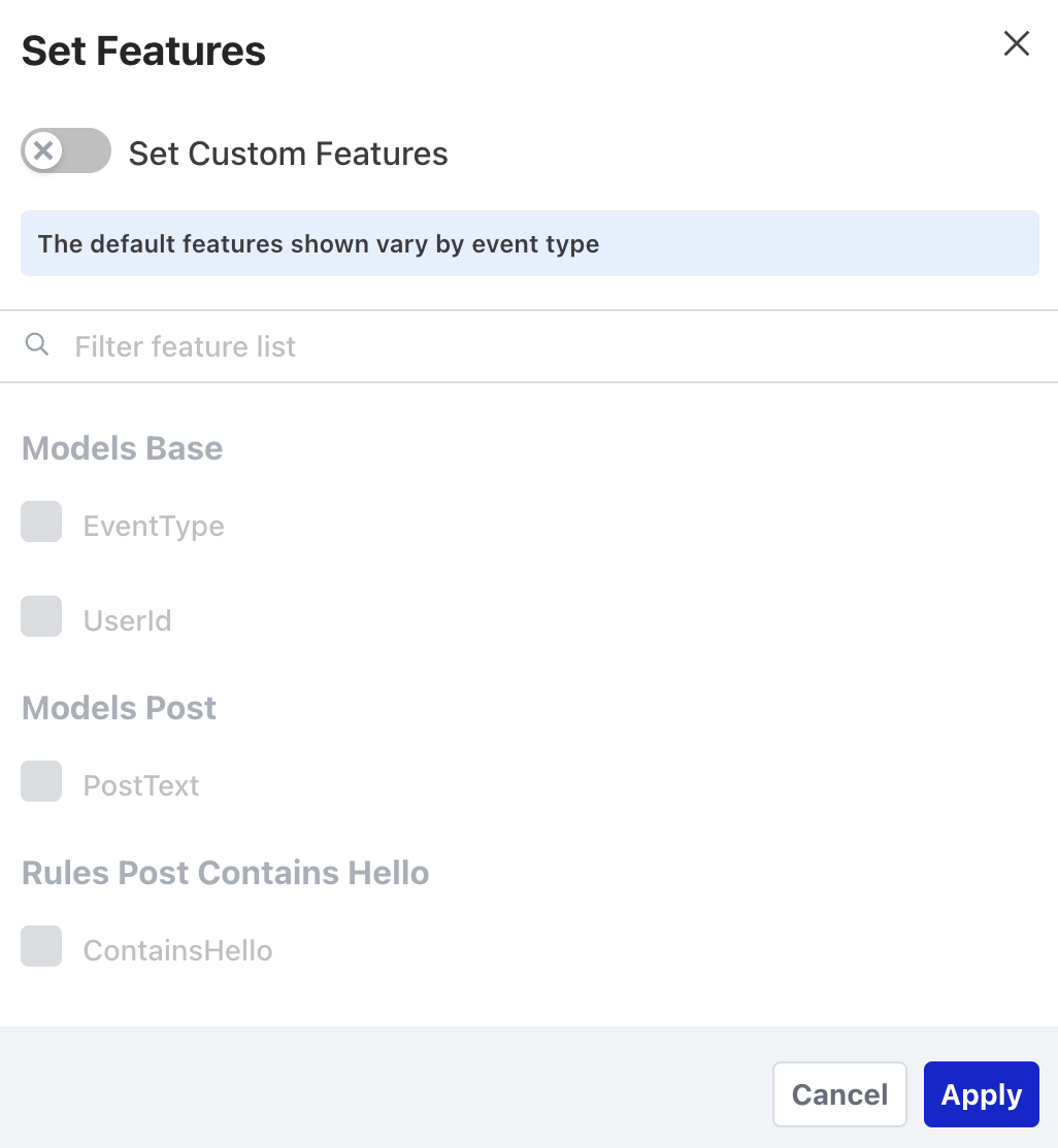 Event Stream 的 Set Features 視窗,包含 Set Custom Features 切換按鈕,以及可篩選並依 Model 與 Rule 分組的 Features 核取清單
