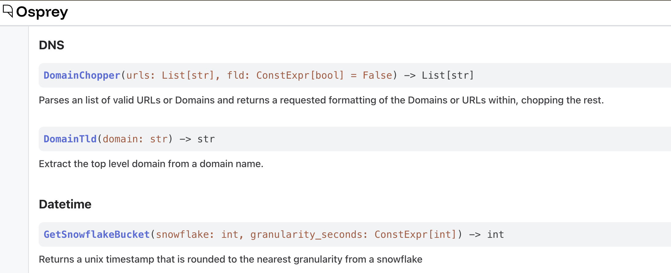 UDF Registry 依類別列出可用函式的 type signatures 與說明