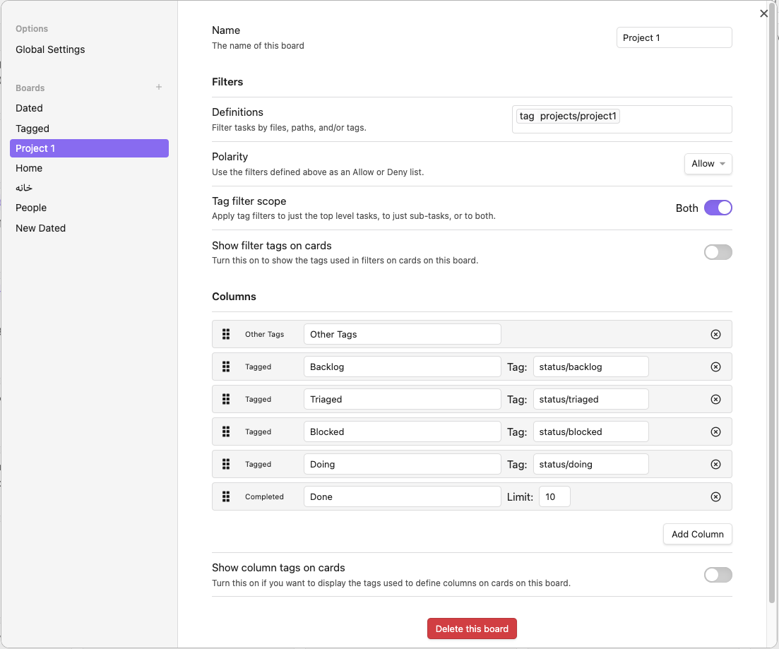 tag board settings