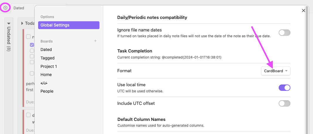 task completion format setting panel