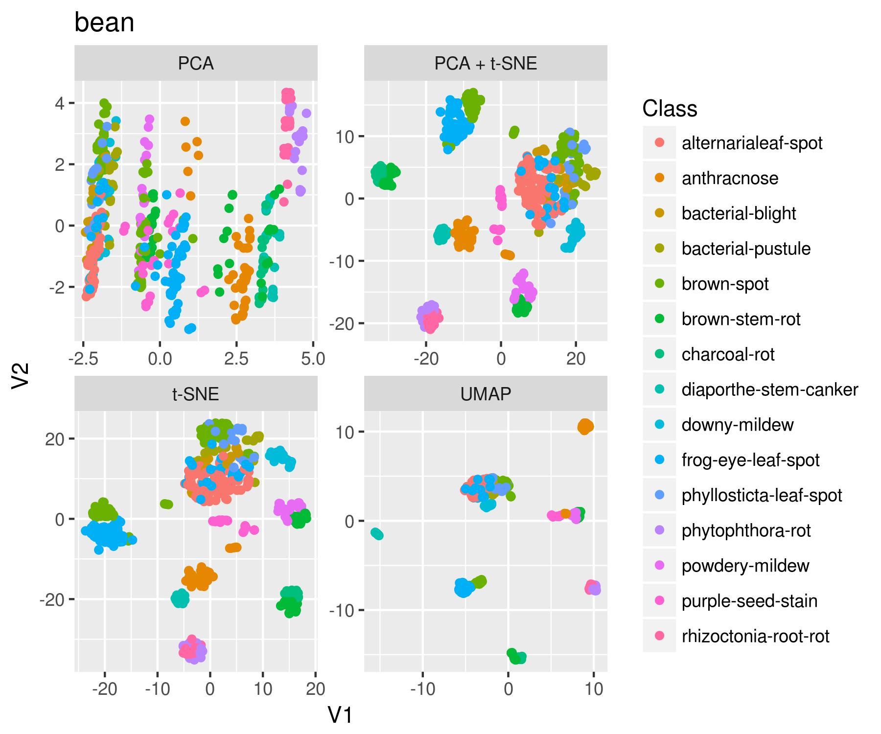 t-SNE, PCA, and UMAP on soybeans