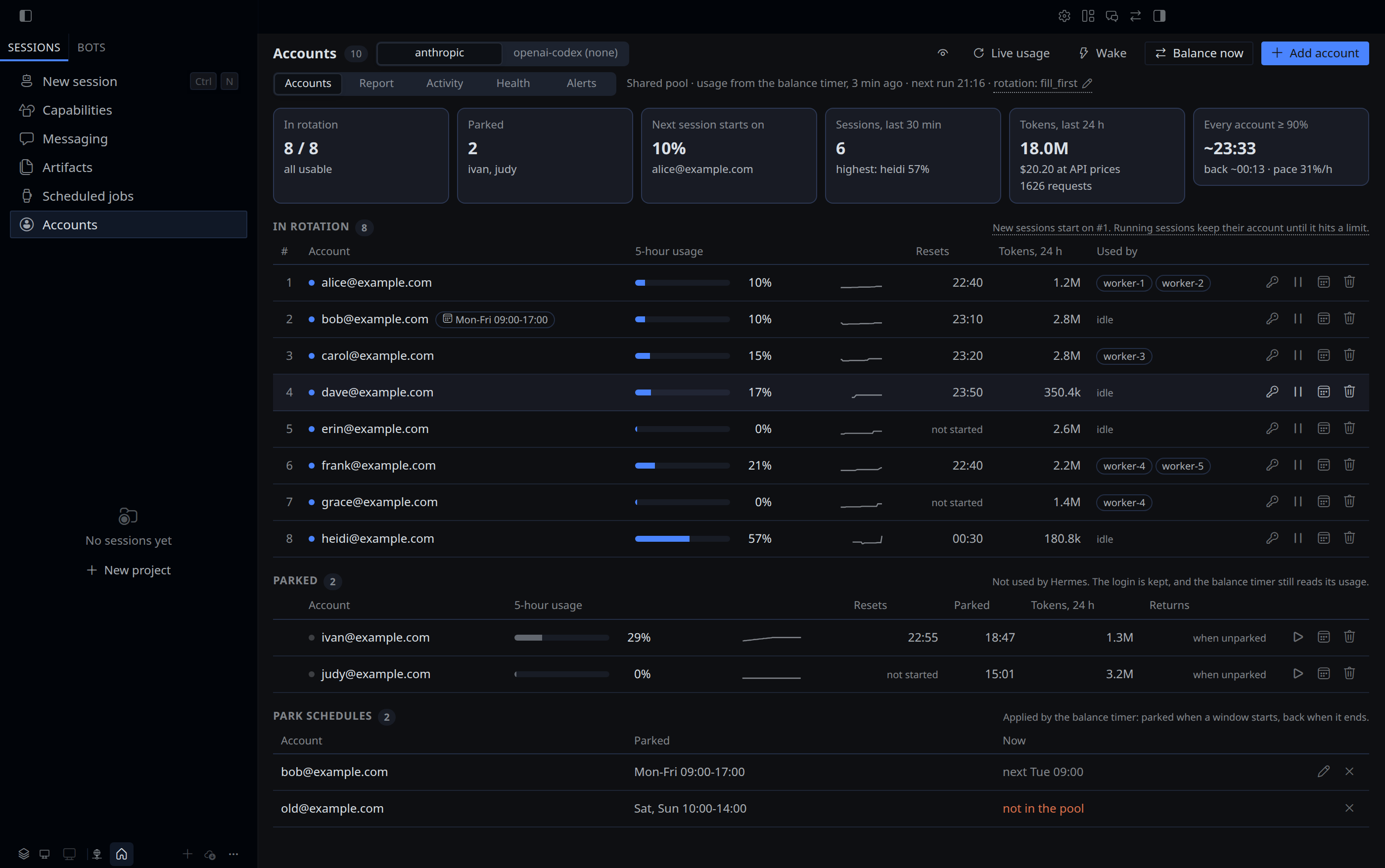 The Accounts page in Hermes Desktop: eight accounts in rotation with their 5-hour usage, the bots on each account, two parked accounts with their reset times, two park schedules and the forecast