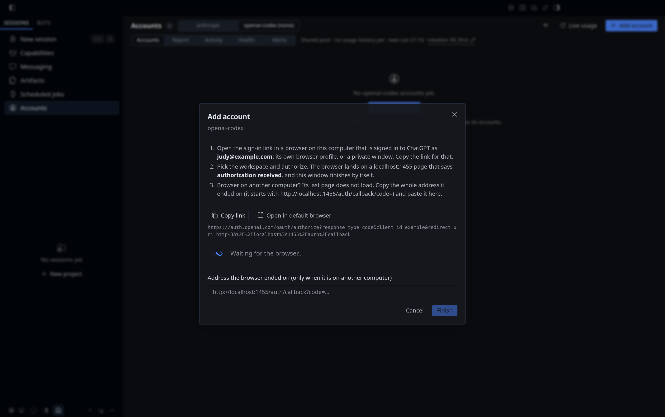 Add a Codex account from the page