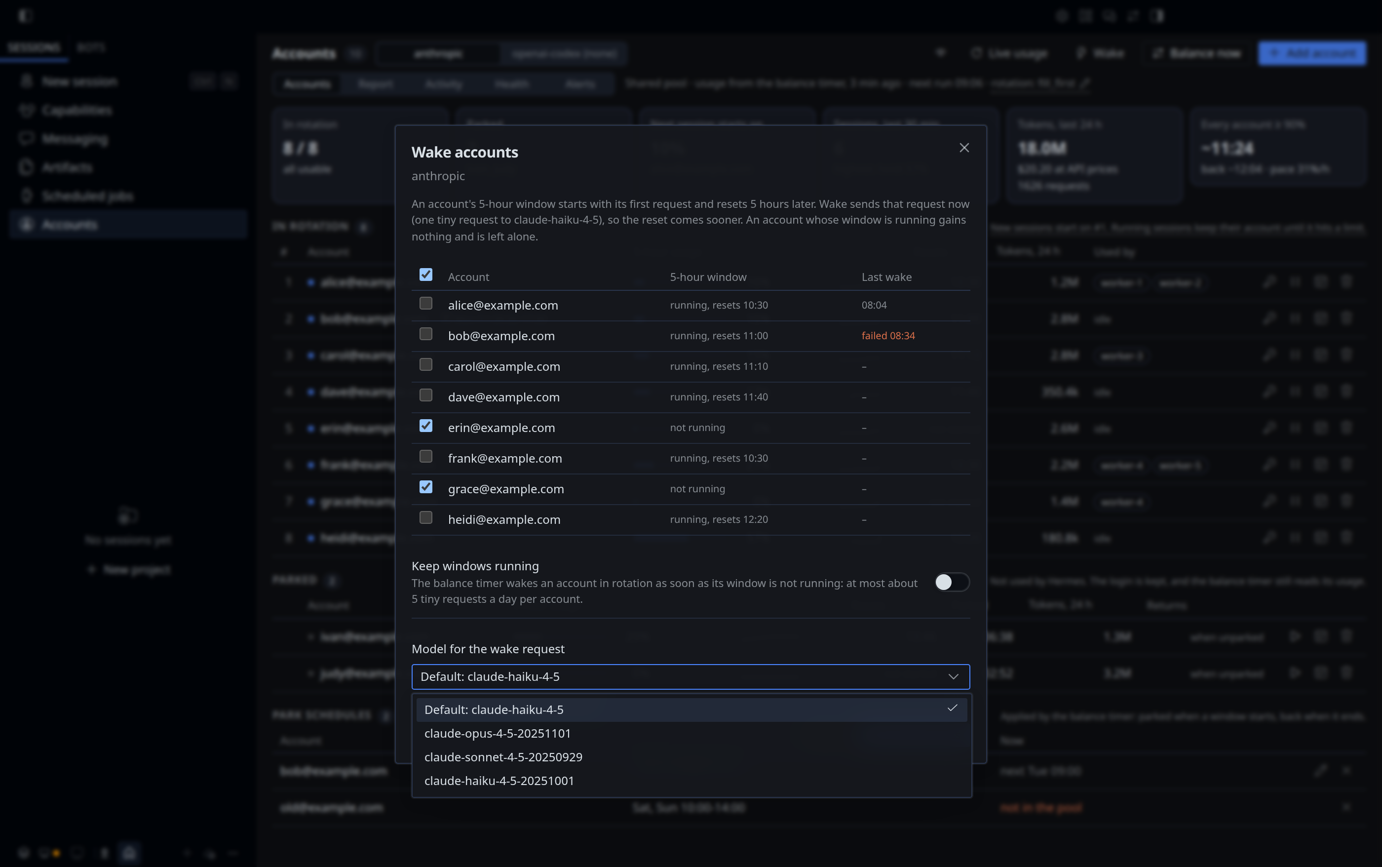 The wake dialog's model list opened: Default first, then the models the account offers