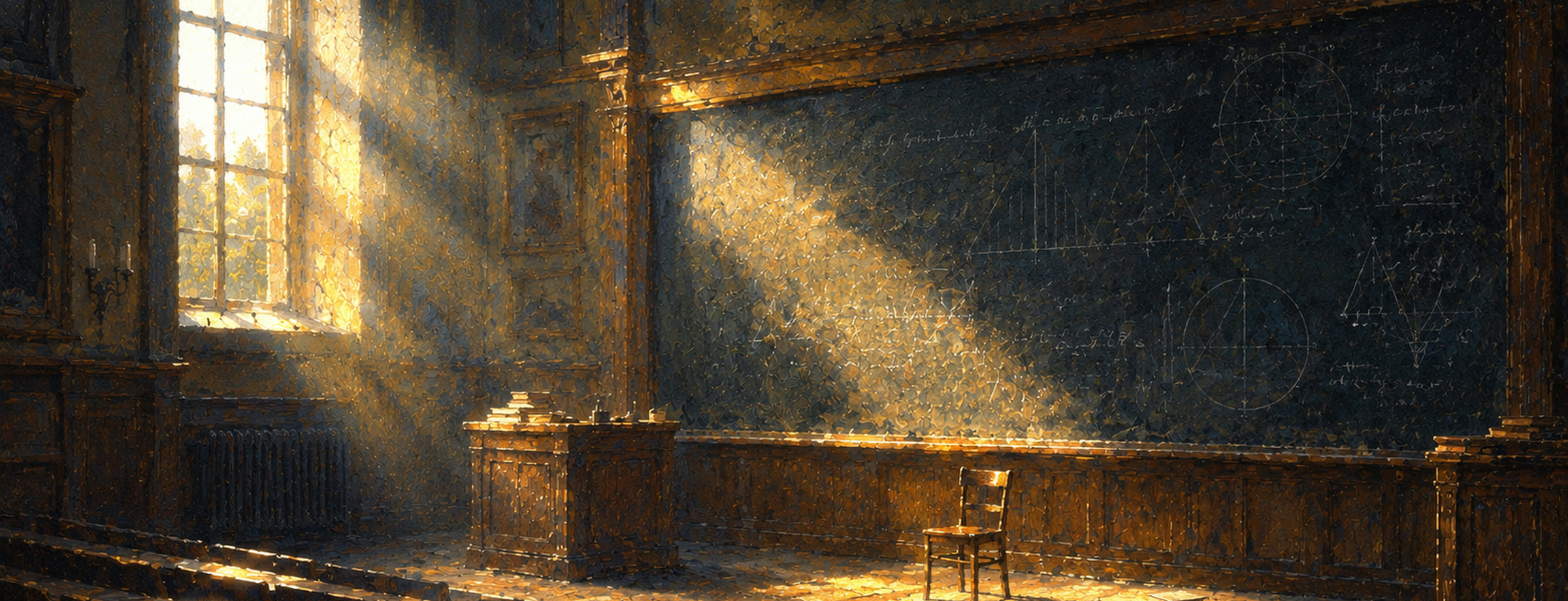 A sunlit, empty lecture hall with a blackboard