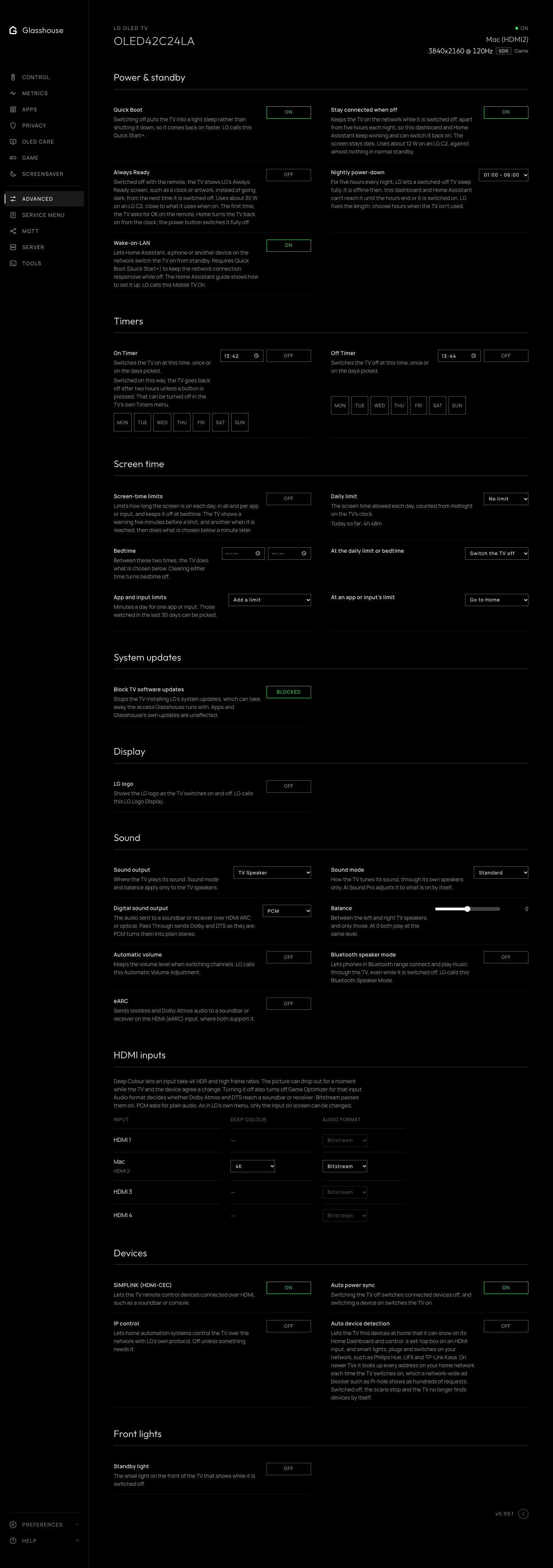 Advanced tab: Quick Boot, Stay connected when off with its nightly power-down hours, Wake-on-LAN, LG logo, auto device detection and the standby light