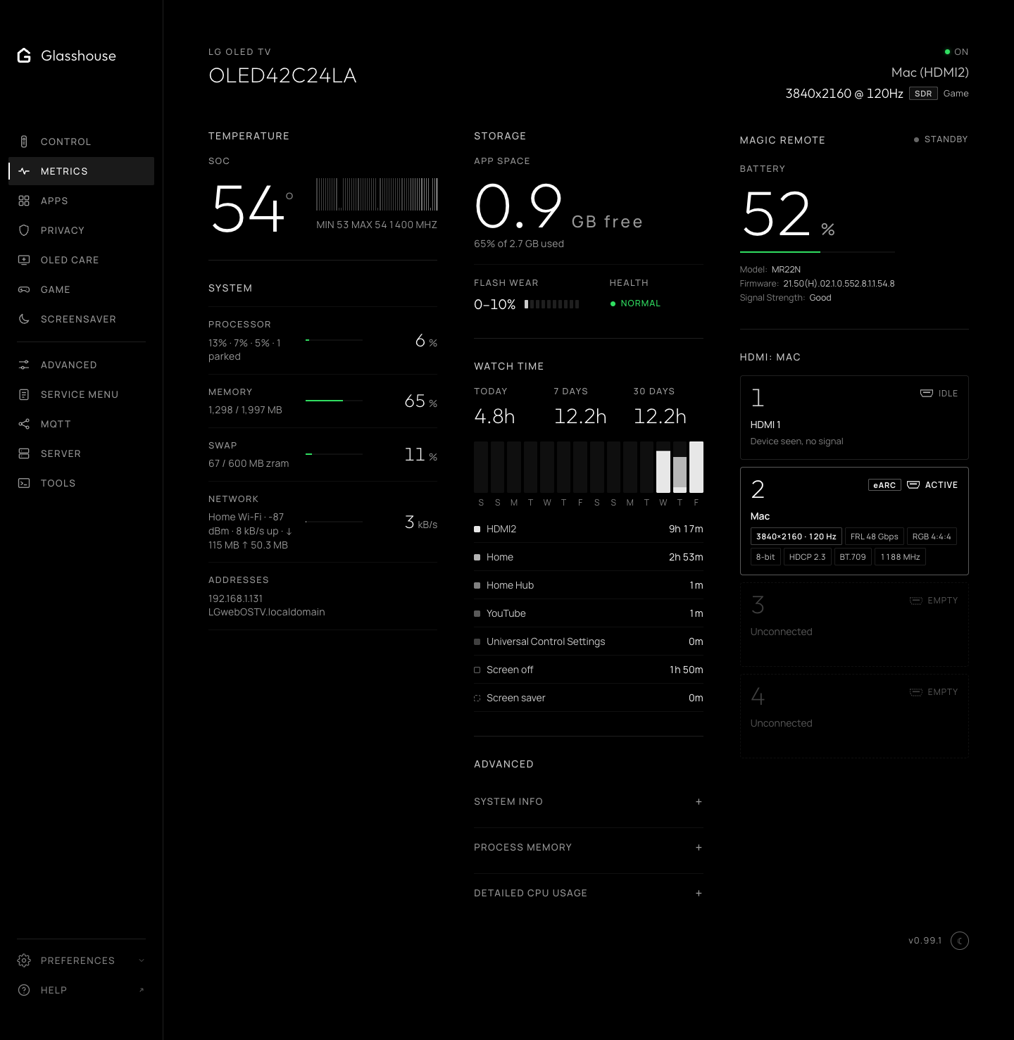 Metrics tab: SoC temperature, system readouts, storage, Magic Remote battery and HDMI ports, dark theme (OLED42C24LA)