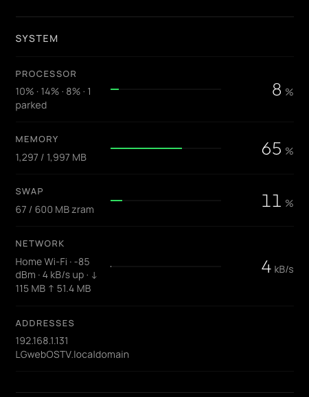 Metrics tab: processor, memory, swap, network and current draw readouts