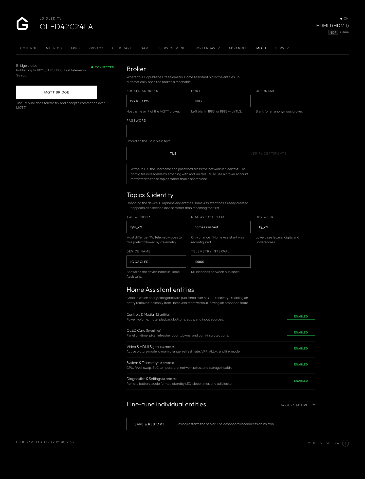 MQTT tab: bridge status and switch beside the broker and device fields, with the entity categories published to Home Assistant