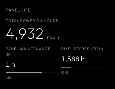 Panel life: total power-on hours, panel maintenance and Pixel Refresher countdowns