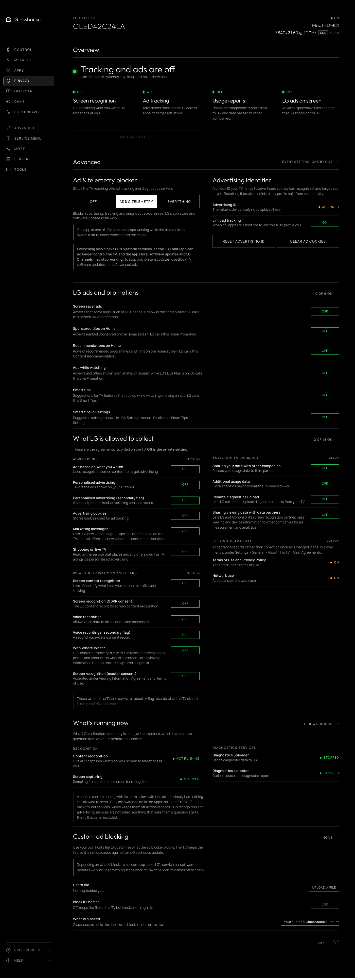Privacy tab: an overview of what is still on, then the ad and telemetry blocker, advertising identifier, the data collection agreements grouped by subject with toggles, and what is running now