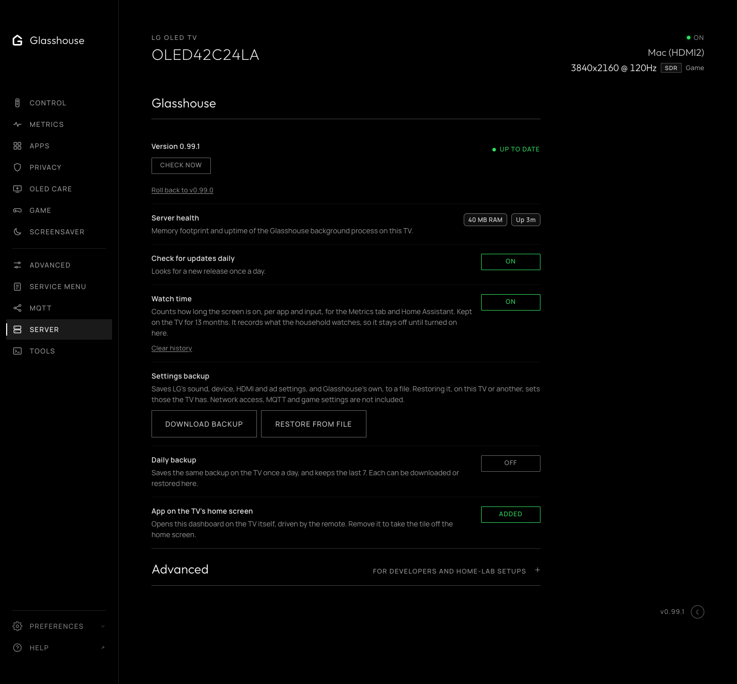 Server tab: version and daily check beside the update buttons, blocking the TV's own software updates, the dashboard app on the TV, and the theme for this browser