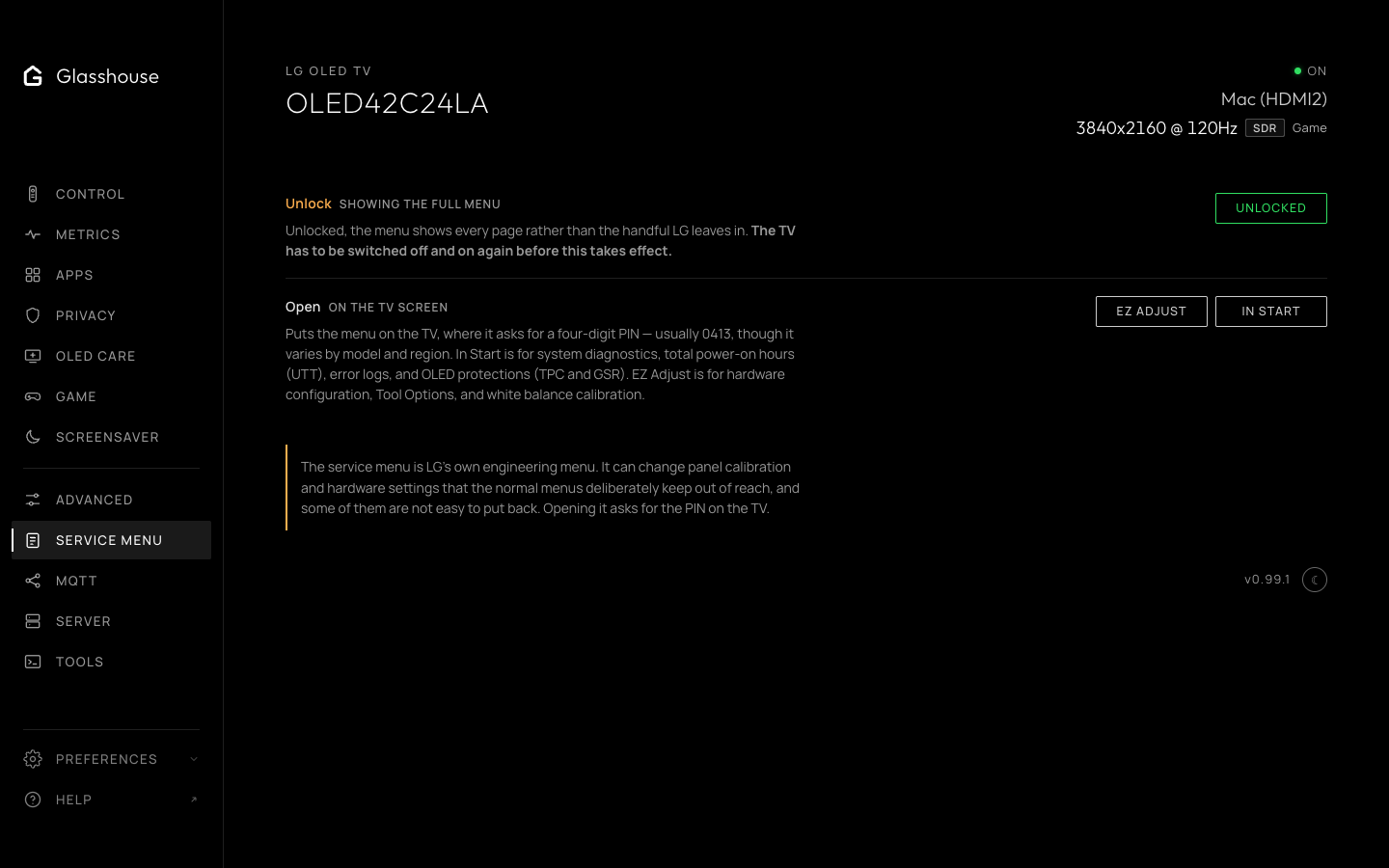 Service menu tab: unlock state with a power-cycle note, buttons to open EZ Adjust or In Start, and a warning about what the menu can change