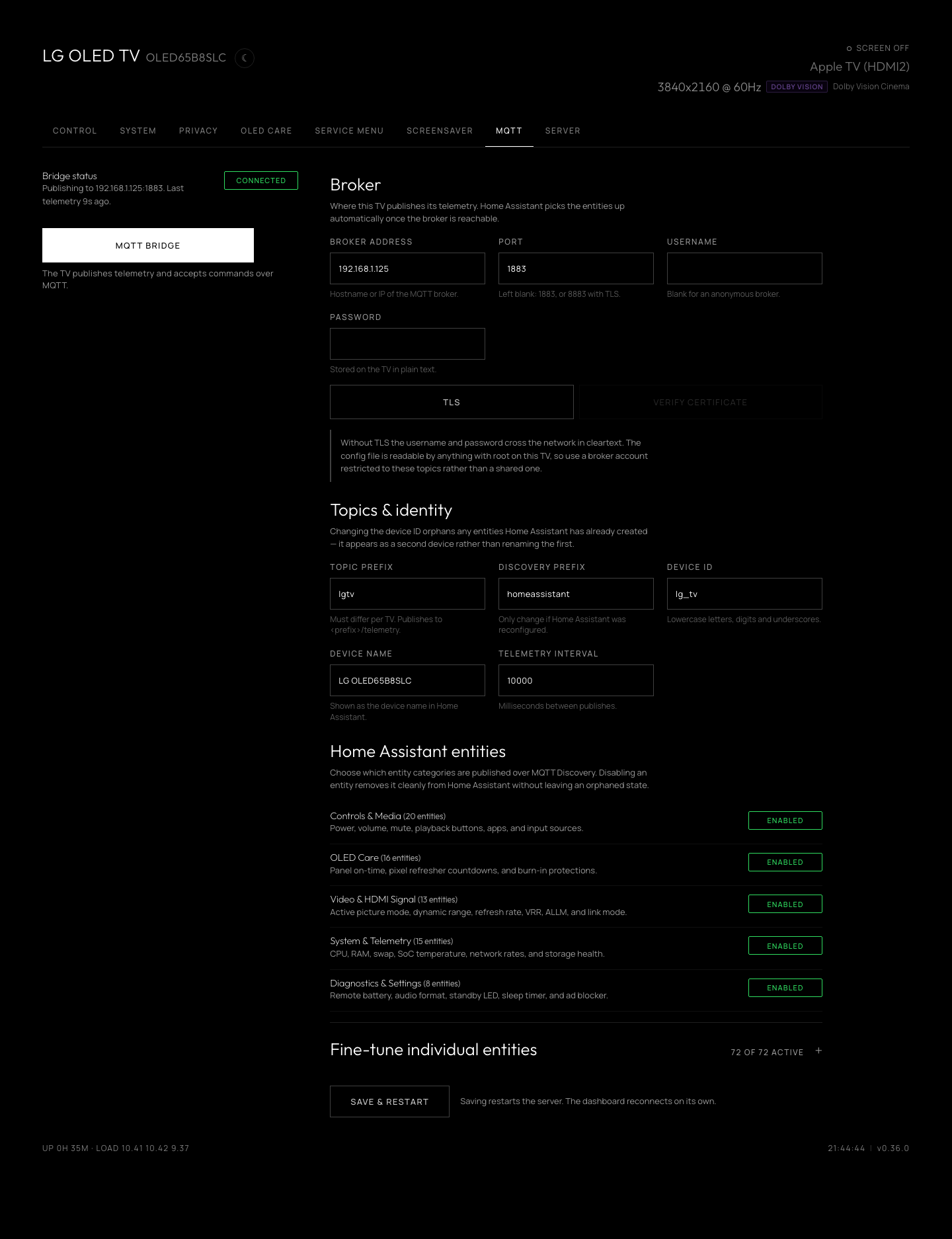 MQTT tab: bridge status and switch beside the broker and device fields, with the entity categories published to Home Assistant