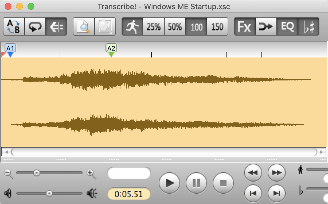 Transcribe! 7 with example file “Windows ME Startup.xsc” open